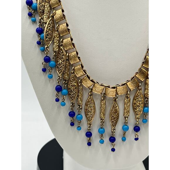 Vintage Etruscan Revival Victorian Era  Filigree Dangle Book Chain Bib Necklace - Picture 8 of 10